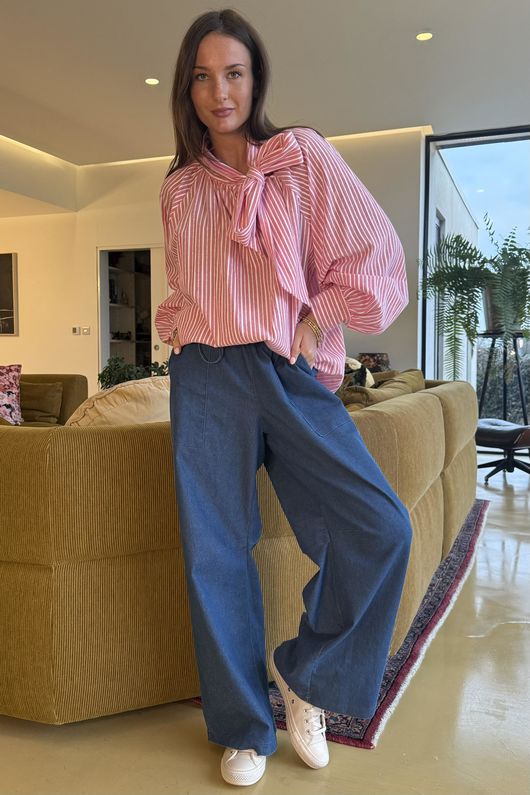 Nantucket Stripe Tie Neck Blouse Soft Red